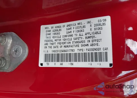 2008 Honda Accord 2.4 Lx-S из США, поврежденный, VIN 1HGCS12348A017783